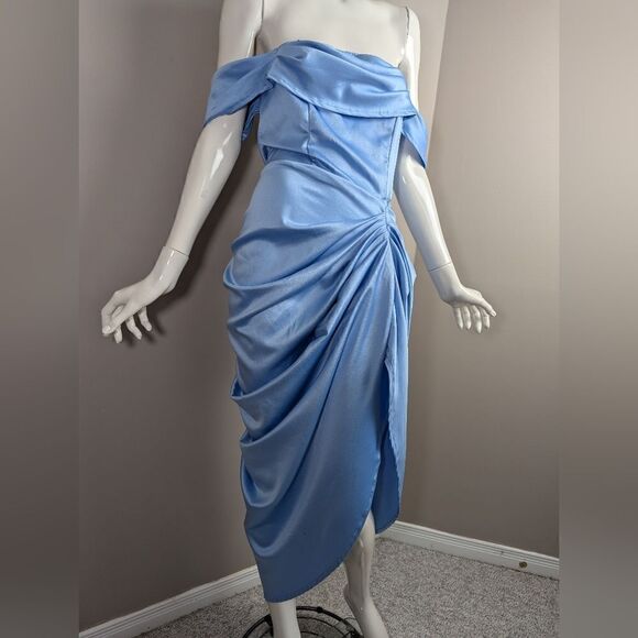 Pretty Little thing Blue Satin Draped Bardot Midi Dress 6 NWT - Picture 9 of 13